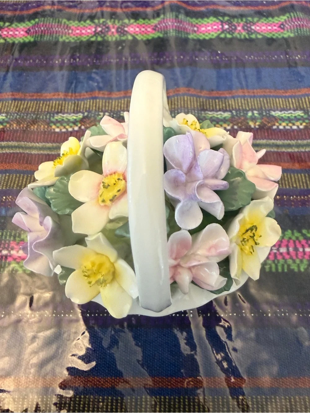 Porcelain Floral Basket Vase - White with Pastel Yellow, Pink, Lavender Flowers